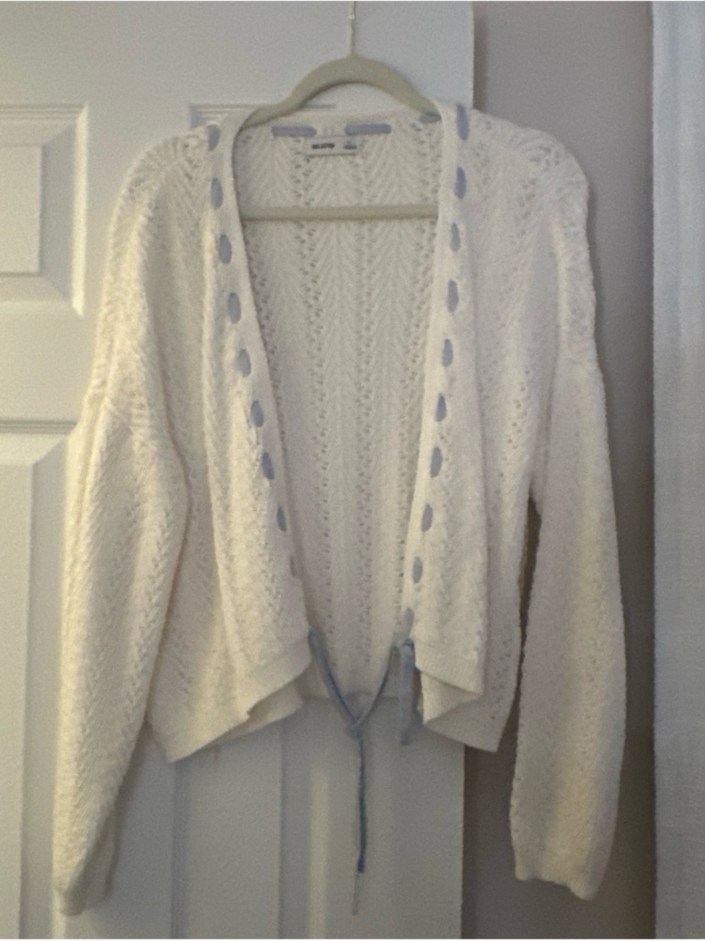 Hollister Ivory Open-Knit Cardigan with Light Blue Ribbon